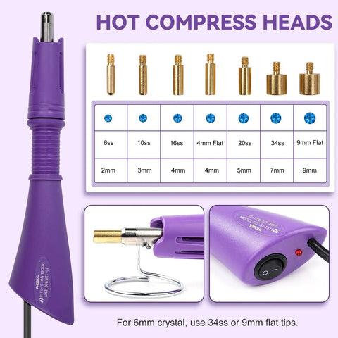 Hotfix Rhinestone Setter Kit With 7 Tips And Quick Heat Wand Diamond Bowl Stand Tweezers Cleaning Brush Wax Pens And 3 Boxes Of Colorful Crystals For DIY Embellishments And Jewelry Making Purple, showing purple tool and tips.