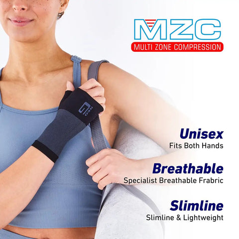 Compression Wrist Sleeve For Pain Relief And Thumb Support Arthritis Care Black Small on woman's hand with breathable fabric