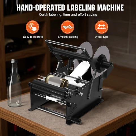 Hand Crank Bottle Labeling Machine Adjustable For Glass Metal Round Zp-50W on a table with labels in use.