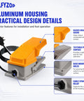 Foot Pedal Switch With Aluminum Housing and Protective Guard, 15A SPDT Momentary NO NC, 5 Ft Cord, 3 Prong Piggyback Plug, Great for Router, Drill Press, and Workshop Vacuum, Hands Free Power On Off Control, orange guard and textured pedal