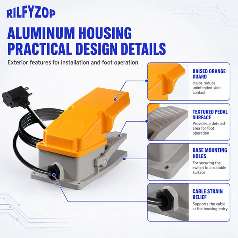 Foot Pedal Switch With Aluminum Housing and Protective Guard, 15A SPDT Momentary NO NC, 5 Ft Cord, 3 Prong Piggyback Plug, Great for Router, Drill Press, and Workshop Vacuum, Hands Free Power On Off Control, orange guard and textured pedal