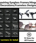 All In One Eyeglass Repair Kit With S2 Steel Screwdriver and fifteen screw sizes for quick at-home repairs of glasses frames, showing screw types.