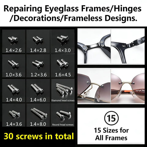 All In One Eyeglass Repair Kit With S2 Steel Screwdriver and fifteen screw sizes for quick at-home repairs of glasses frames, showing screw types.