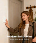 Person using Wireless Wall Switch Remote Outlet Three Pack With 656 Ft Range No Wiring Needed for lights.