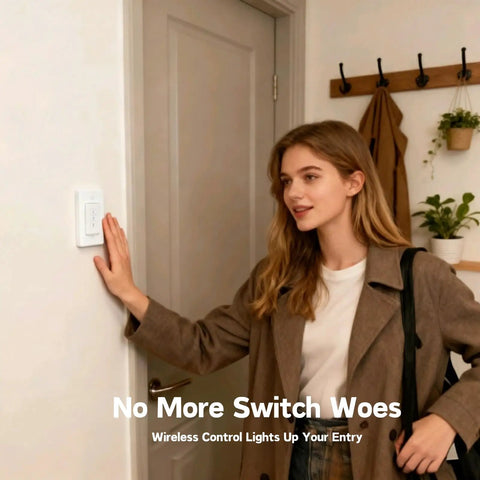 Person using Wireless Wall Switch Remote Outlet Three Pack With 656 Ft Range No Wiring Needed for lights.