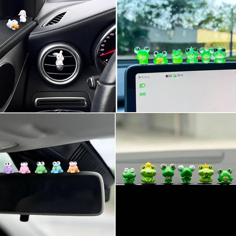 Five-piece assorted-color animal car interior figurine set for dashboard, vent and rearview mirror decoration.