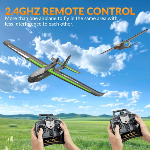4 Channel RC Airplane For Adults With Sturdy Foam Build, 3 Flying Modes in flight, controllers visible, blue sky