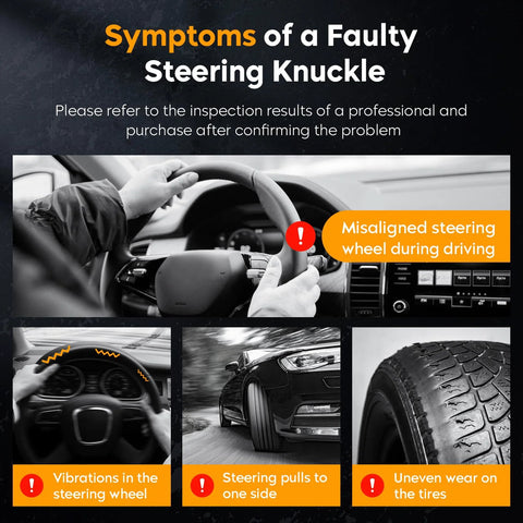 Symptoms of a faulty steering knuckle infographic showing misaligned steering, vibrations, pulling, uneven tire wear.