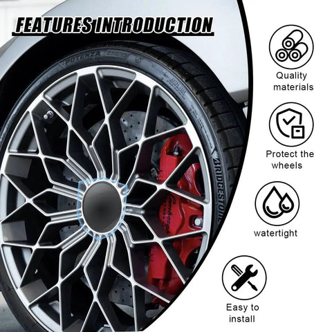 Sweet Four Pack Black Abs Wheel Center Caps Plug Right In With A Rock Solid Grip Featuring 2.13 Inch Outer Diameter And 1.85 Inch Inner Diameter For A Clean Fitment On Car Truck Or Suv, showcasing installation on a styled wheel.