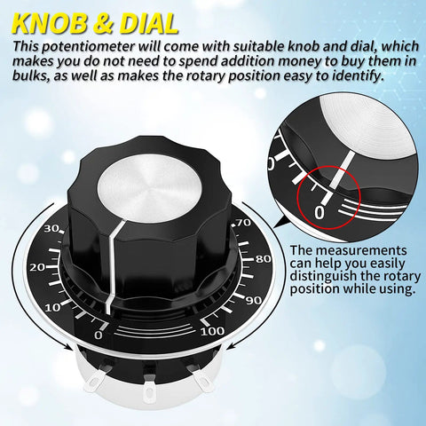 Dope 10K Potentiometer With A03 Knob And Dial For Inverter Speed Control Single Turn Carbon Film Rotary Potentiometer 10K Ohm 300 Degree Travel 6mm Shaft 9mm Thread 1.6 By 1.5 Inch Body For Motor Speed Regulation, black dial