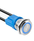 LED Latching Push Button Switch 16mm Stainless Steel IP67 Waterproof 5-24V 20A 1NO With Wire Socket Plug Blue