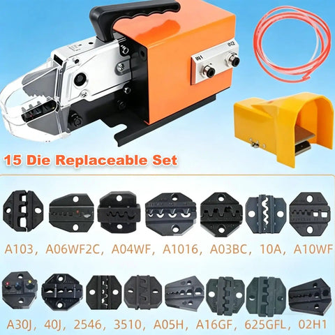 UILMLIO Pneumatic Crimping Tool Air Powered Wire Terminal Machine Foot Operated with 15 die replaceable set for heavy duty use.