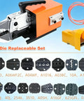Pneumatic Wire Terminal Crimping Tool With 15 Replaceable Dies For Electrician Projects Handles 0.5 To 16 Square Milli Meters showing tool and die set.