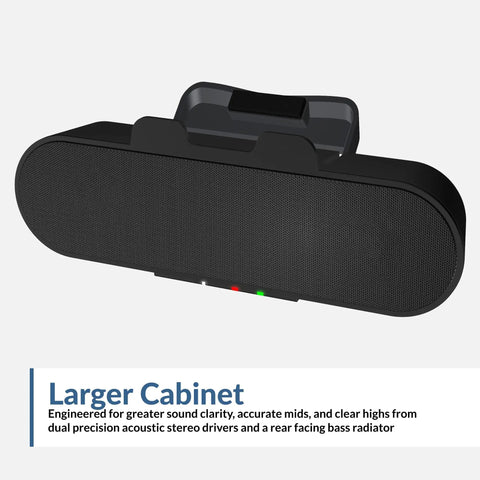Front view of USB And Bluetooth Speaker Bar For PC With Built-In Speakerphone, Clamps To Monitors Up To 2 Inch Thick, 20 Watt Desk Speaker System