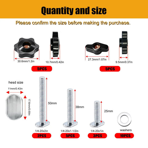 Image showing quantity and size of 30 Piece 1/4-20 T Track Bolts And Knobs Kit For Woodworking Jigs And Fixtures, Includes Washers