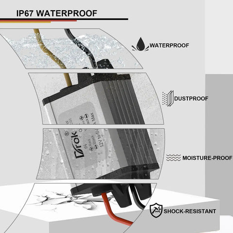 Waterproof 12V to 5V buck converter with 8-35V input showing waterproof, dustproof, moisture-proof, and shock-resistant features.