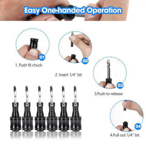 Easy one-handed operation of One Quarter Inch Hex Shank Bit Holder Extension Bar Keychain Screw Adapter for handheld screwdrivers.