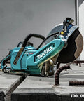 Badass 9 Inch Brushless Cordless Power Cutter With 40V Max Xgt System Electric Brake And Aft Safety Stop For Hard Core Demolition And No Sweat Cutting Work Including Diamond Blade Tool Only placed on concrete with rebar.
