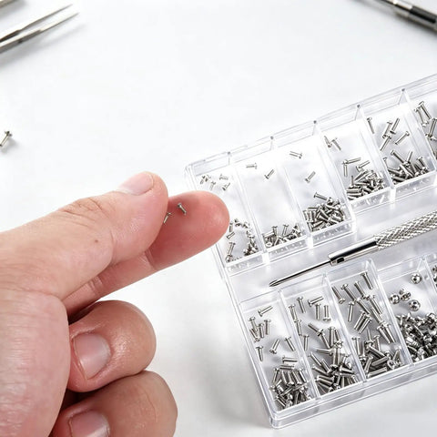 Top Shelf 500 Pack Phillips Micro Self Tapping Screws With Stainless Steel Screwdriver Kit For Heavy Duty Diy Projects And Legit Rust Resistant Fastener Gear That Kicks Butt in a hand with a clear storage container.