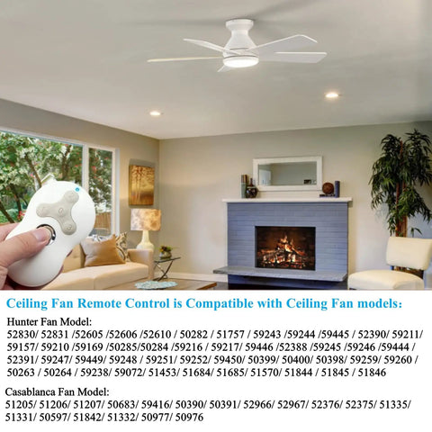 Universal Ceiling Fan Remote Control Kit With 3 Speed Light Dimmer in living room setting, handheld remote visible