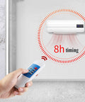 Wall Mounted Bathroom Heater And Waterproof Air Conditioning Fan Providing Snappy Heat And Quick Cool Down With Zero Hassle Remote Operation, showing 8h timer feature.