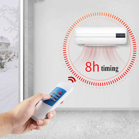 Wall Mounted Bathroom Heater And Waterproof Air Conditioning Fan Providing Snappy Heat And Quick Cool Down With Zero Hassle Remote Operation, showing 8h timer feature.