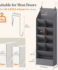 Image showing dimensions and hooks of Six Tier Over The Door Shoe Organizer With Deep Fabric Pockets Keeps Your Kicks Neat Holds Up To 12 Pairs Of Sneakers And Boots For Bedroom Closet Or Dorm Room Organization In Gray.
