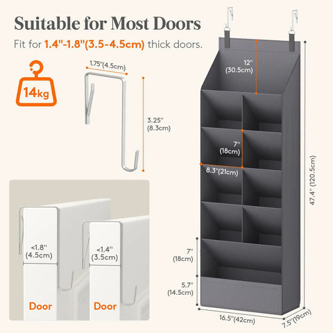 Image showing dimensions and hooks of Six Tier Over The Door Shoe Organizer With Deep Fabric Pockets Keeps Your Kicks Neat Holds Up To 12 Pairs Of Sneakers And Boots For Bedroom Closet Or Dorm Room Organization In Gray.
