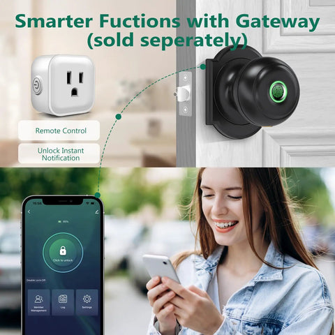 Keyless Entry Fingerprint Door Lock With App Control, showing mobile app interface and smart door knob with biometric access