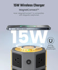 All In One Power Strip Tower With 15W Magnetic Wireless Charger showing phone on top, 12 AC outlets visible