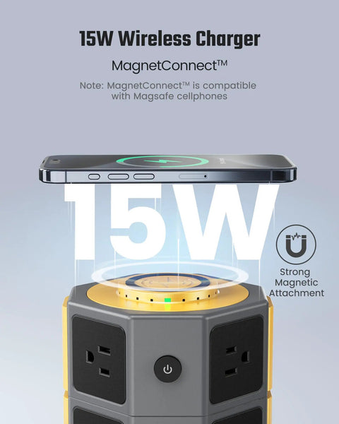 All In One Power Strip Tower With 15W Magnetic Wireless Charger showing phone on top, 12 AC outlets visible