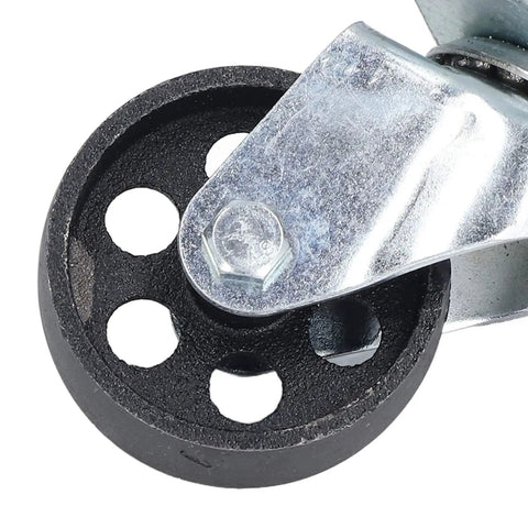 Close-up of Heavy Duty 3 Inch Swivel Caster Wheel Pair Dual Bearing Cast Iron Housing with rubber tread for carts.