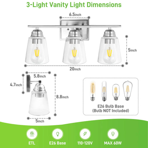 Diagram of 3 Light Vanity Light With 5 Piece All In One Bathroom Set in Brushed Nickel and Clear Glass Shade, 20 inch dimensions