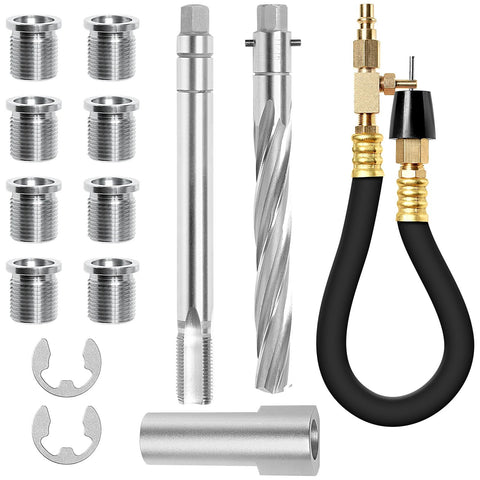 CLLOMAGY 38900 two-valve spark plug thread repair kit with drill bit, driver, thread inserts, hose adapters.