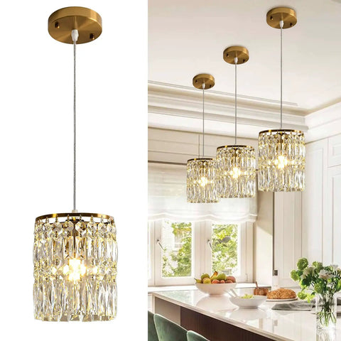 Gold Crystal Pendant Light Kit For Kitchen Island With Height Adjustable Gold Chandelier Hanging Ceiling Fixture E26 Bulb Compatible