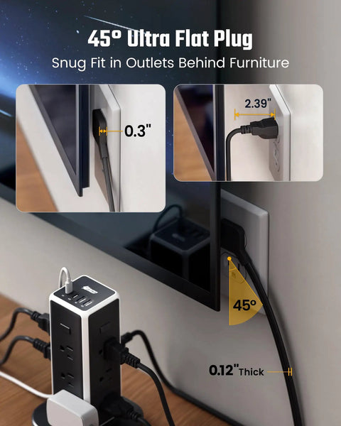 45° Ultra Flat Plug and Heavy Duty Tower Power Strip Game Changing Surge Protection With Retractable Cable for tight spaces.