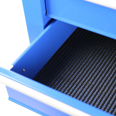 Close-up of the lined interior of Built Tight Eight Drawer Rolling Tool Chest With Fully Lined Drawers And Locking Base Cabinet For No Mess Garages And Heavy Duty Shop Rigs In True Blue.