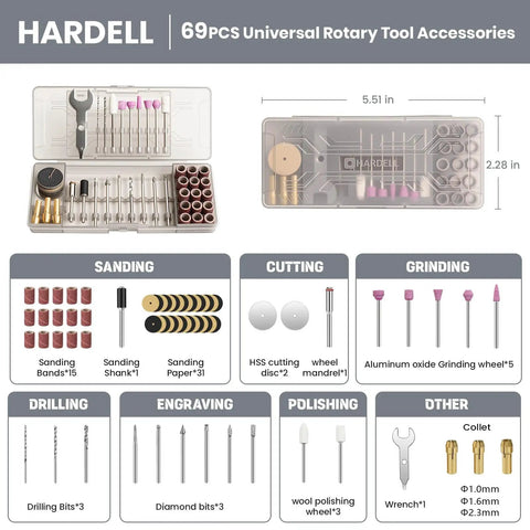 Open case of 69 accessories for Mini Cordless Rotary Tool Kit All In One With 5 Speeds And 69 Accessories 4V Power DIY Crafts