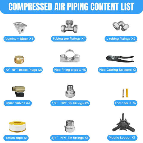 All In One Complete Three Quarter Inch Shop Air Line Kit With 200 Foot HDPE Tubing And Aluminum Rapid Air System parts list