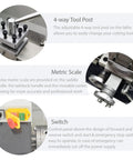 Jaryannix 8x16 Inch Metal Bench Lathe With 1100W Brushless Motor And Digital Speed Control Up To 2500 RPM Precision Engine Turning Machine showing 4-way tool post, metric scale, and control switch.