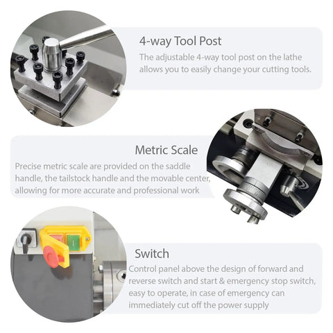 Jaryannix 8x16 Inch Metal Bench Lathe With 1100W Brushless Motor And Digital Speed Control Up To 2500 RPM Precision Engine Turning Machine showing 4-way tool post, metric scale, and control switch.