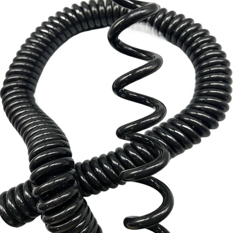 Heavy Duty Two Core Coiled Extension Cord With Smooth Retractable Stretch Design, showing a coiled black cord for easy handling.