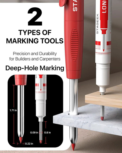 Heavy Duty Carpenter Pencil Set With Rugged Mechanical Leads And Premium 2B Graphite Refills For Woodworkers and DIY Builders featuring red marking tools.