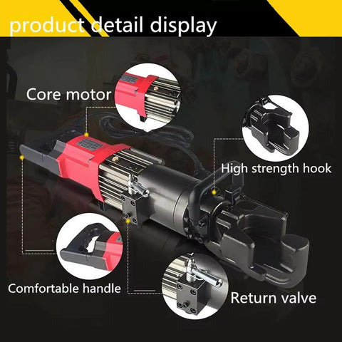 Heavy Duty Hydraulic Rebar Bending Machine showcasing core motor, comfortable handle, high strength hook, and return valve.