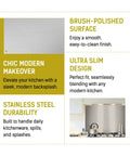 Infographic showcasing features of Stainless Steel Kitchen Wall Backsplash 24 By 30 Inches With Pre Drilled Holes.