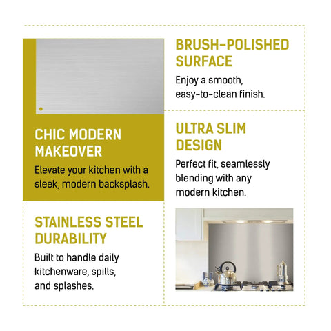 Infographic showcasing features of Stainless Steel Kitchen Wall Backsplash 24 By 30 Inches With Pre Drilled Holes.