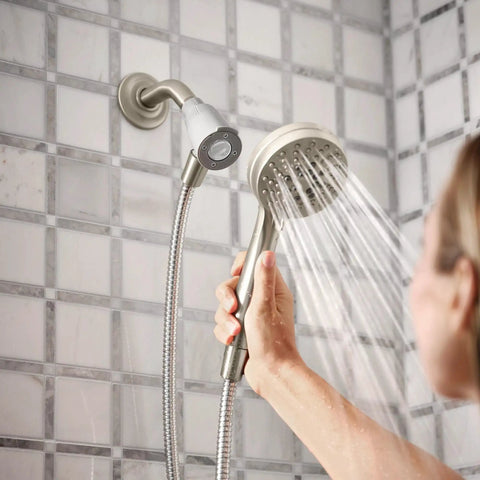 Engage Magnetix Six Function Detachable Handheld Showerhead With Magnetic Docking System, Spot Resistant Brushed Nickel Finish, held in hand