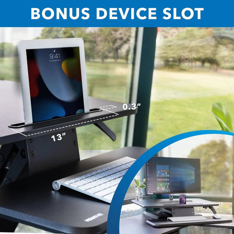 Compact 25 Inch Standing Desk Converter Sit Stand Desk Riser With Gas Spring Lift featuring bonus device slot and keyboard tray
