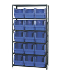 Bad Ass Heavy Duty Metal Shelving Rack Measuring Eighteen By Forty Two By Seventy Five Inches With Fifteen Spacious Blue Parts Bins stacked.