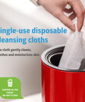 Aloe Infused Adult Incontinence Cleansing Wipes, Large 8x10 Inches, Pack of 48, being disposed in a red bin, no rinse formula.